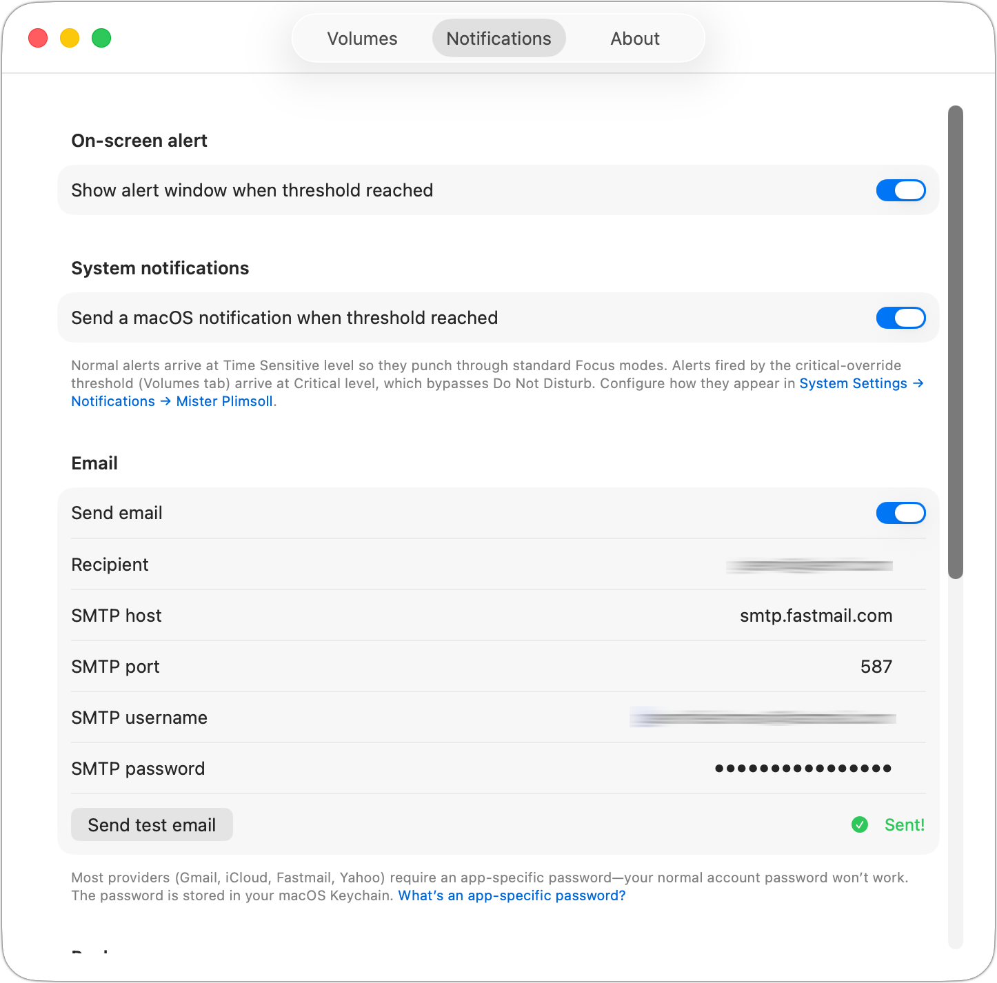 Top of the Notifications settings panel: the on-screen alert toggle, the system notifications toggle, and the email configuration fields
