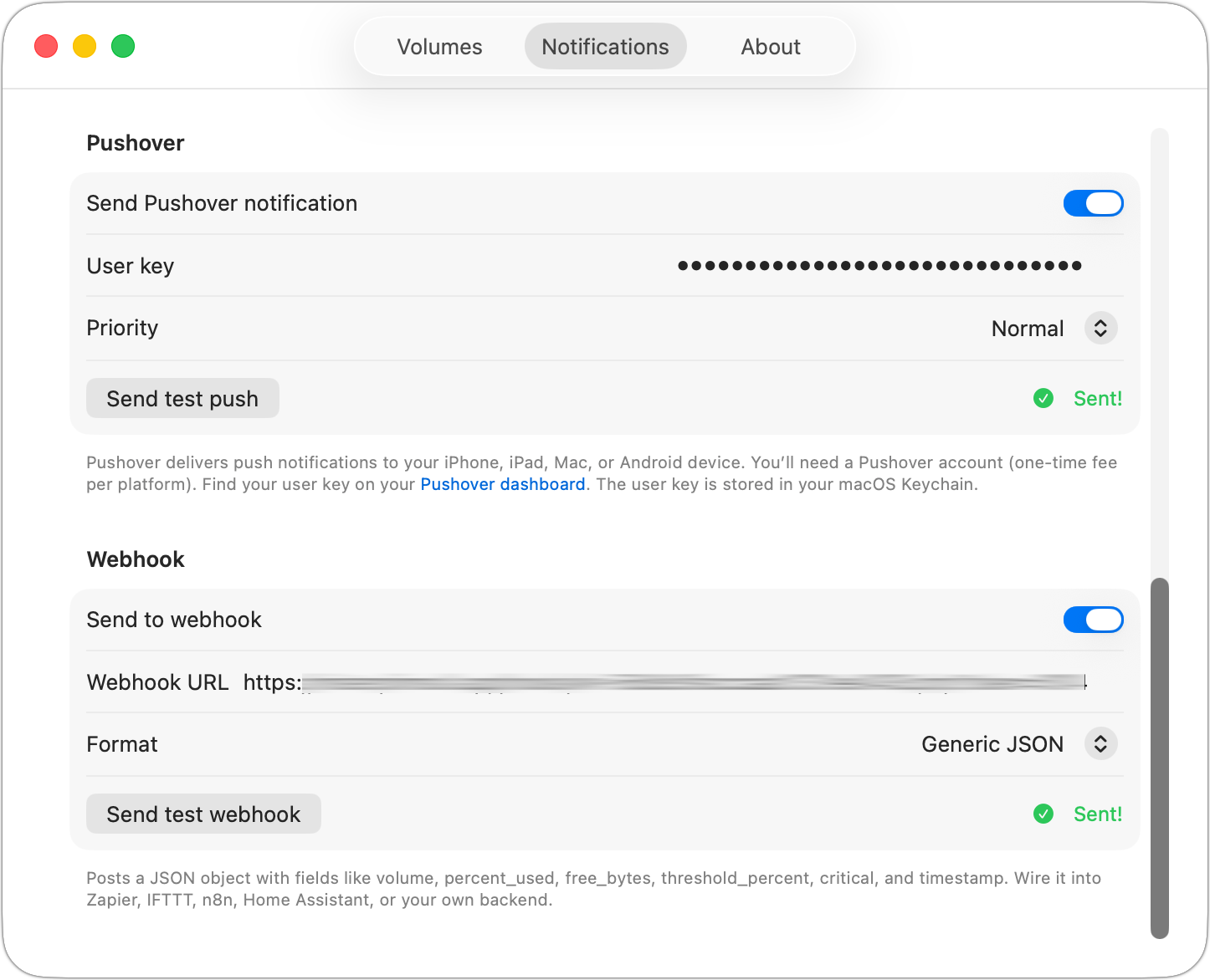 Lower portion of the Notifications settings panel: the Pushover section and the webhook section with its URL field and format picker